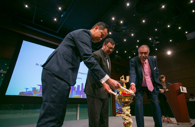 (From left to right) The lamp-lighting ceremony was led by Dr John Fong, CEO & Head of Campus (Singapore), SP Jain; Nitish Jain, President, SP Jain; and Dr Sivakumar Alagumalai, Dean, Undergraduate Programs, SP Jain