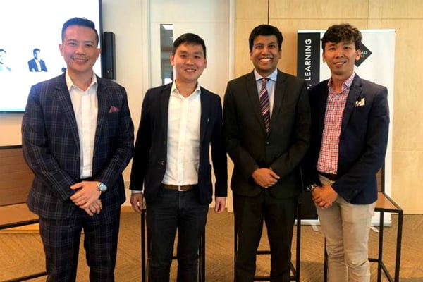 (From left to right) Dr. John Fong, CEO & Head of Campus (Singapore) at SP Jain; Gan Hup Tan, Asst. Vice President, The Ascott Limited; Anupam Yog, Founder, Mirabilis Advisory; and Calvin Cai, Country Head of LOGIN Apartment at the Singapore Global Investment Summit